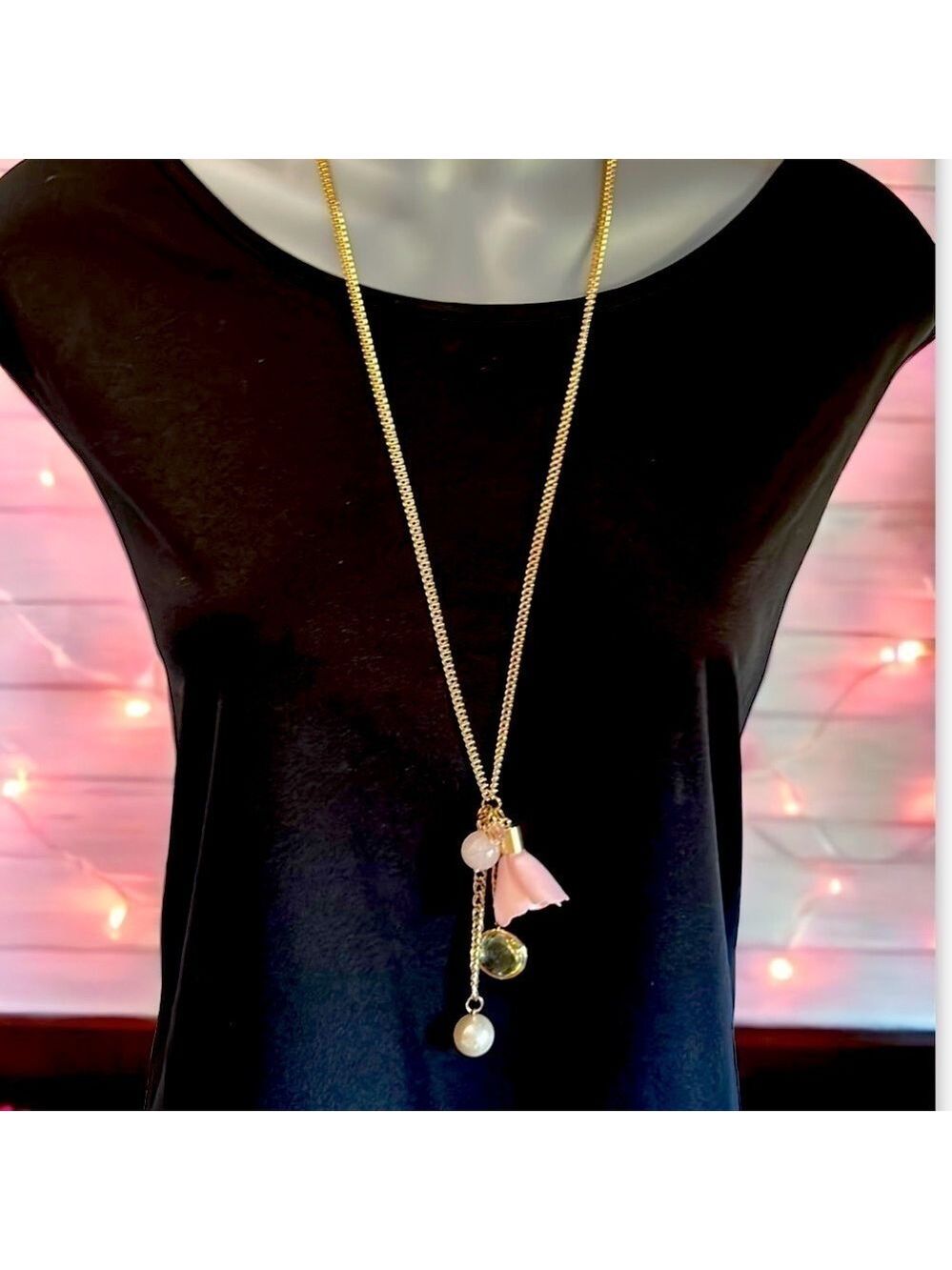 LONG Gold Necklace Pendant with Pink Flower and Charms by INC